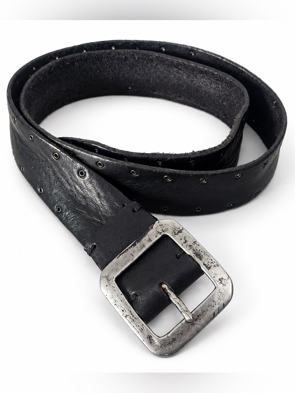 John Varvatos Black Italian Leather Eyelet Belt Silver Tone Buckle 34 - Read!